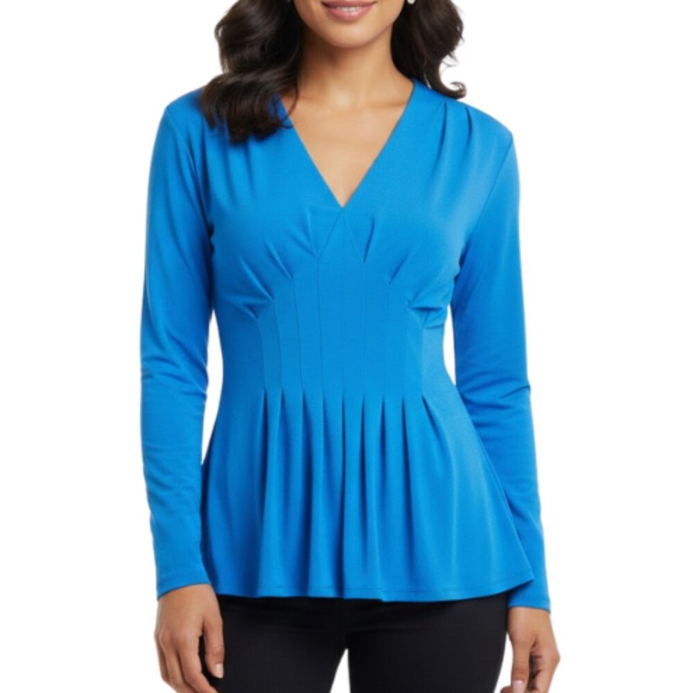 Catherine Malandrino Cobalt Blue Pleated Peplum V-Neck Top Size Medium